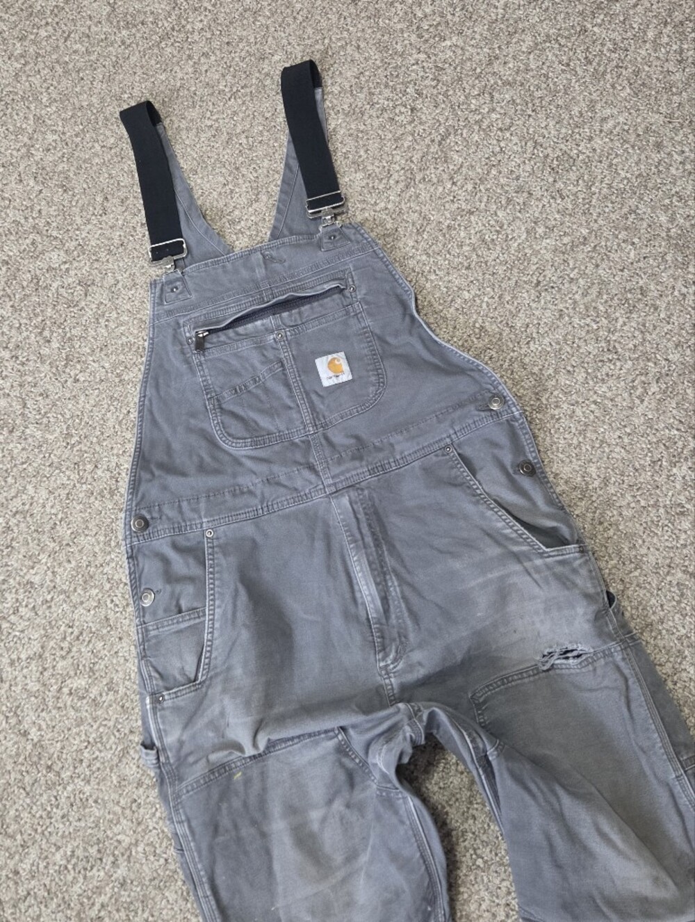 Carhartt Gray Double Knee Work Overalls Bibs OR2987-M Distressed Mens 36x32